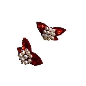 Vintage Red Sequins White Pearl Accent Earrings